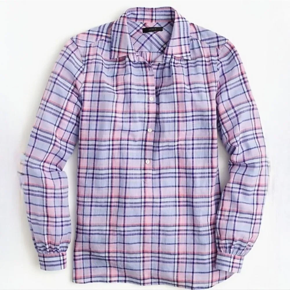 J. Crew Women's Gathered Henley Lilac Plaid Shirt